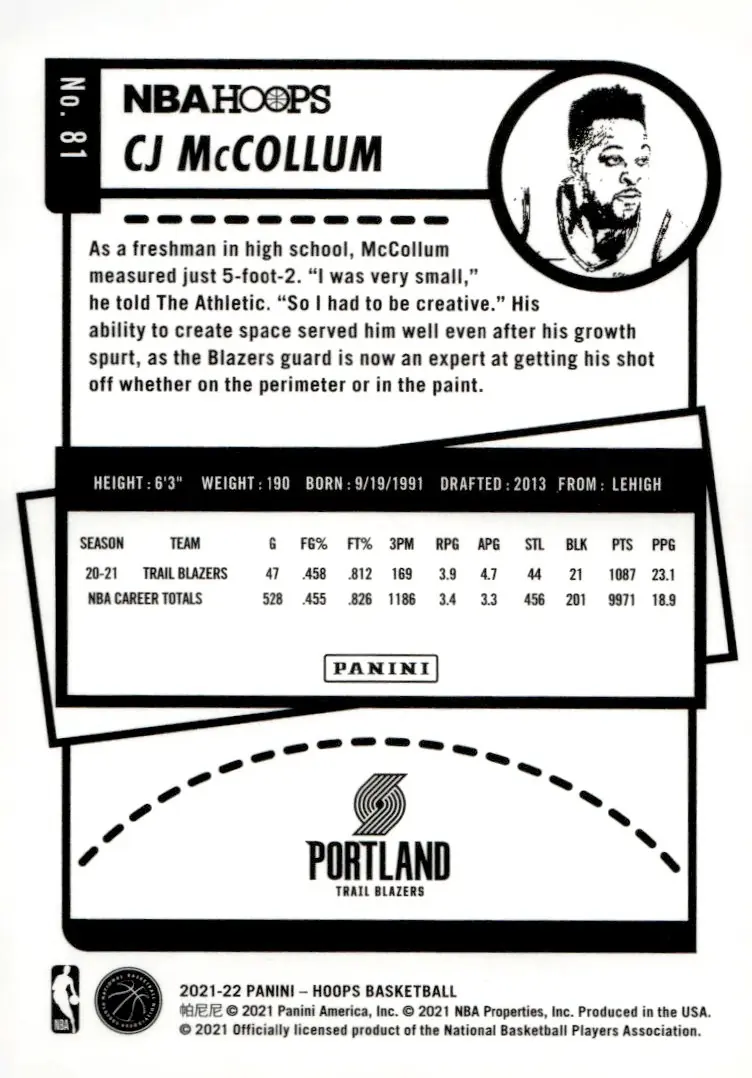 2021-22 NBA Hoops #81 CJ McCollum (back)
