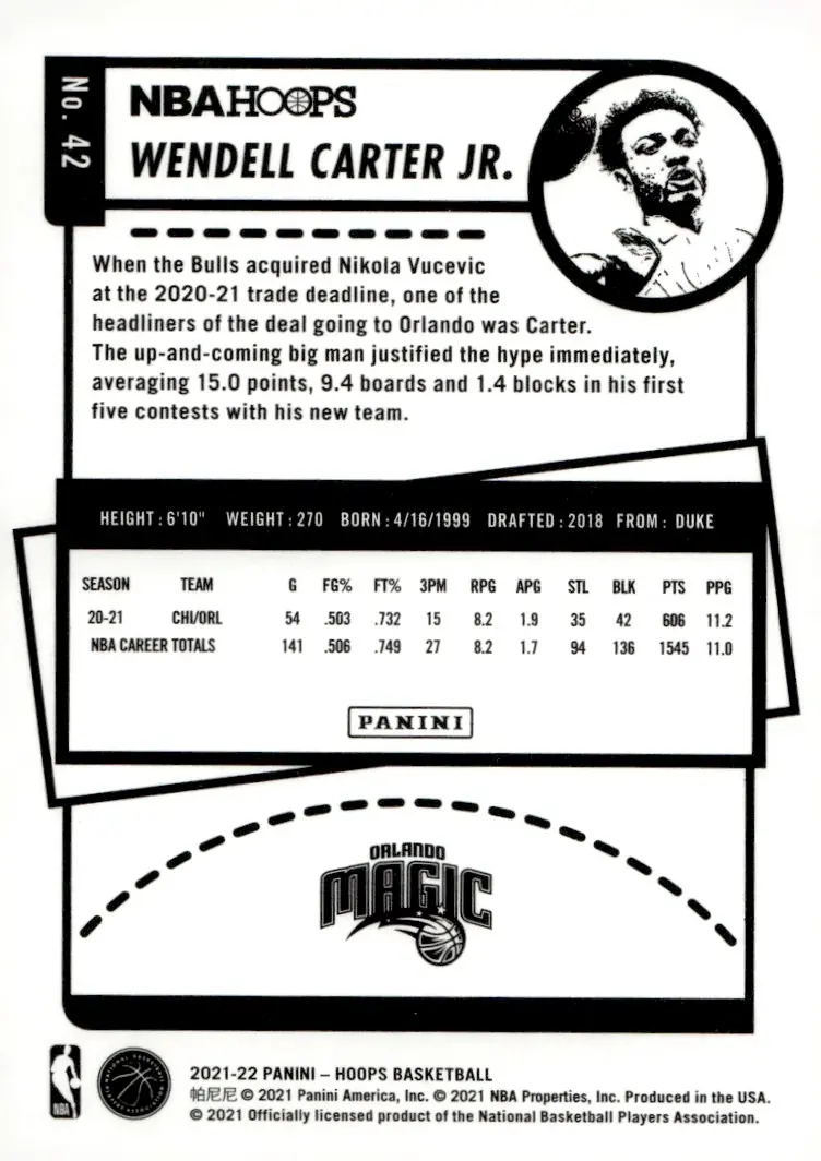 2021-22 NBA Hoops #42 Wendell Carter Jr. (back)