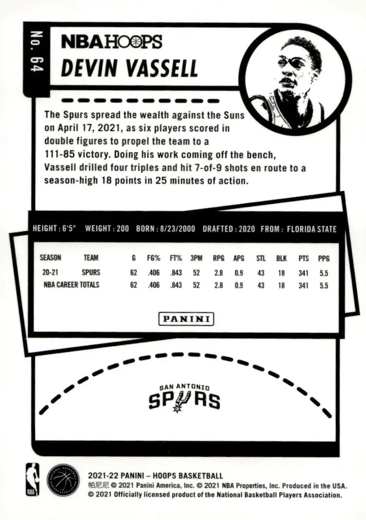 2021-22 NBA Hoops #64 Devin Vassell (back)