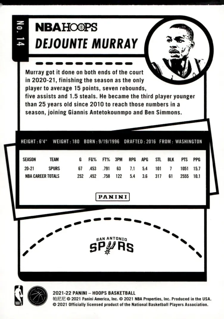 2021-22 NBA Hoops #14 Dejounte Murray (back)