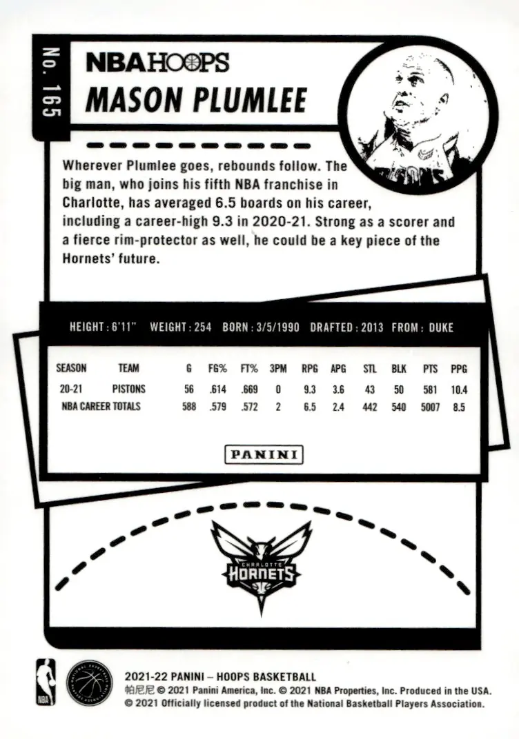 2021-22 NBA Hoops #165 Mason Plumlee (back)