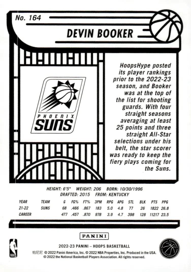 2022-23 NBA Hoops #164 Devin Booker (back)