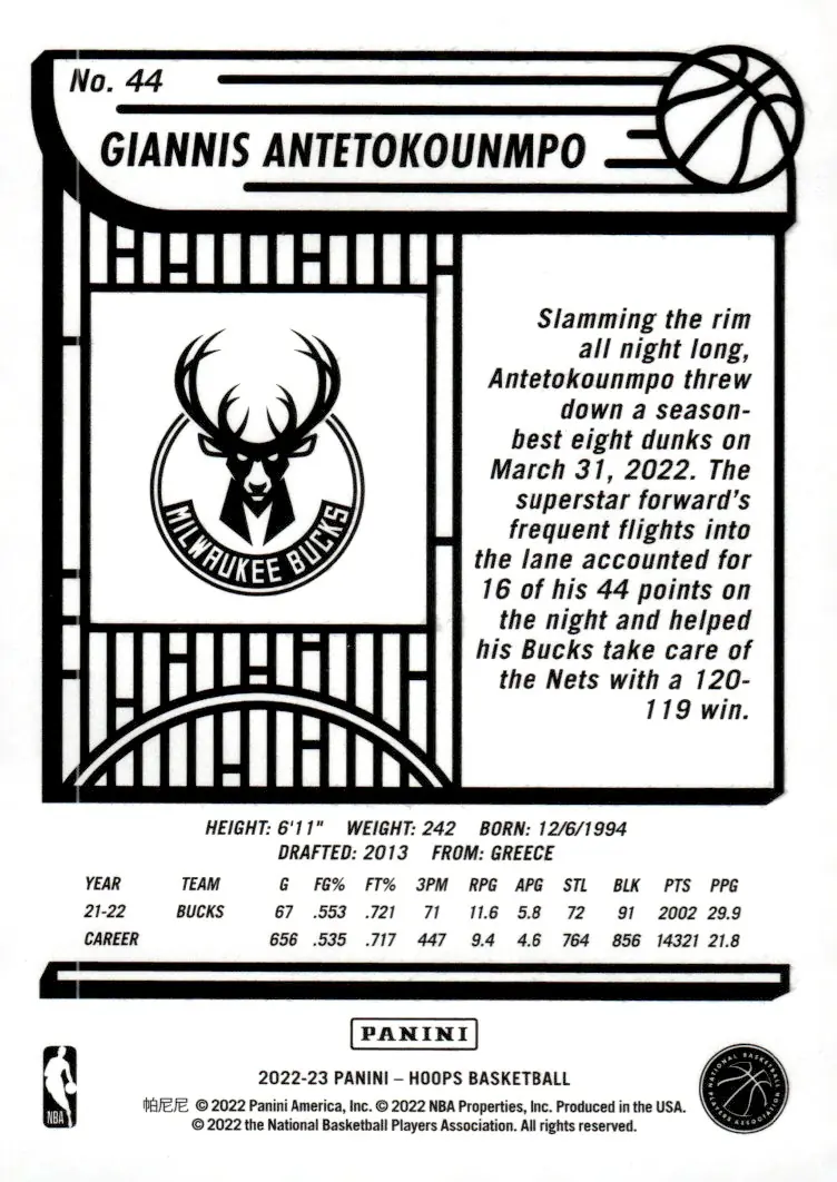 2022-23 NBA Hoops #44 Giannis Antetokounmpo (back)