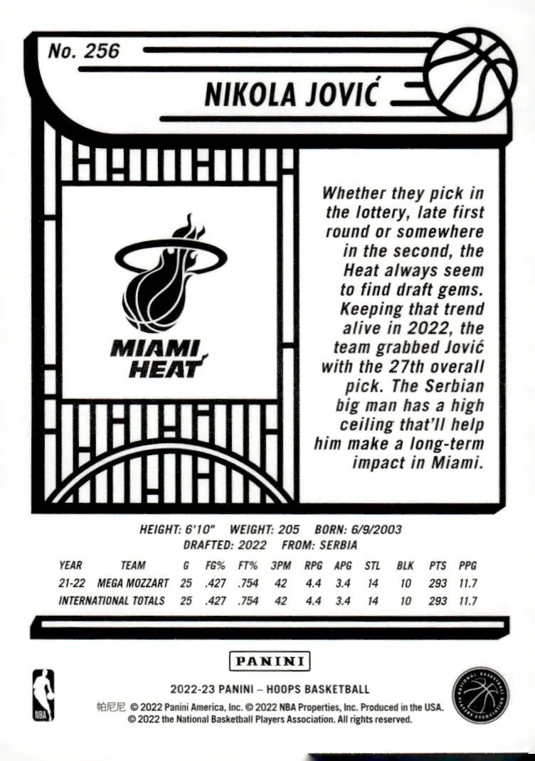 2022-23 NBA Hoops #256 Nikola Jović (back)