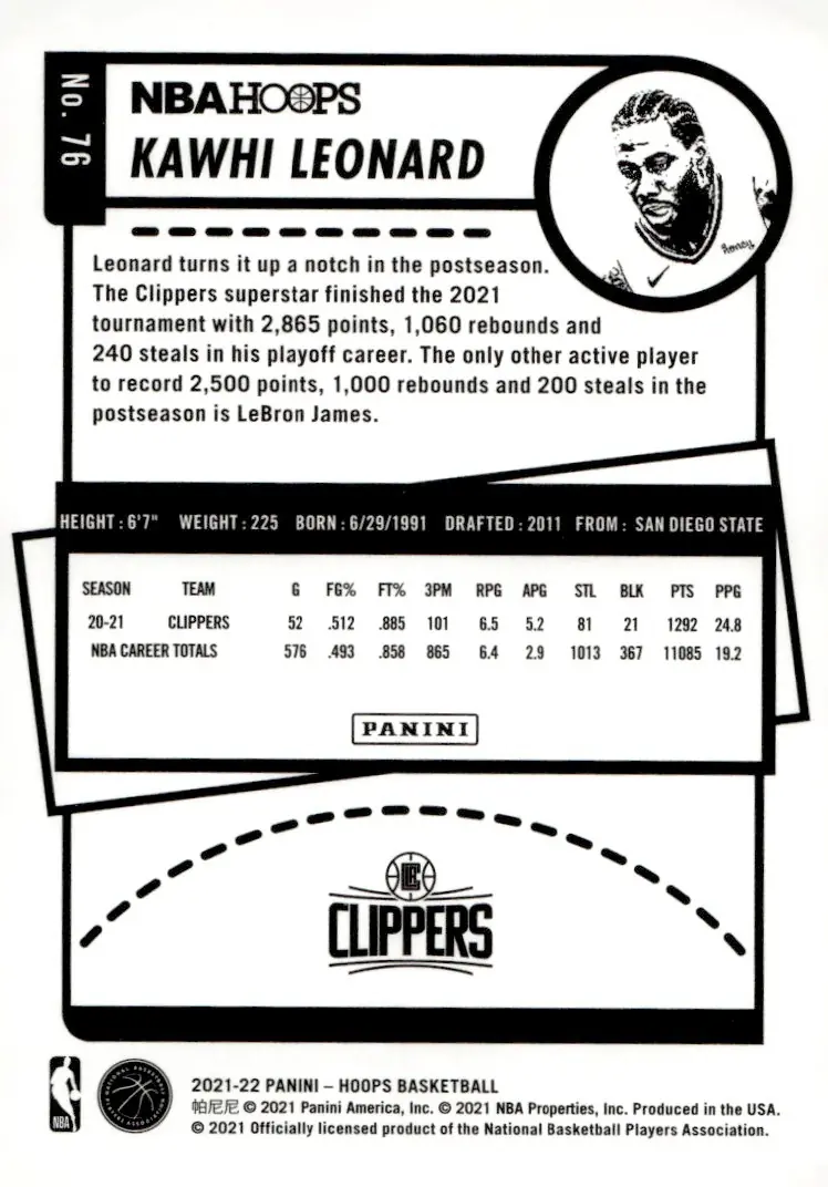 2021-22 NBA Hoops #76 Kawhi Leonard (back)