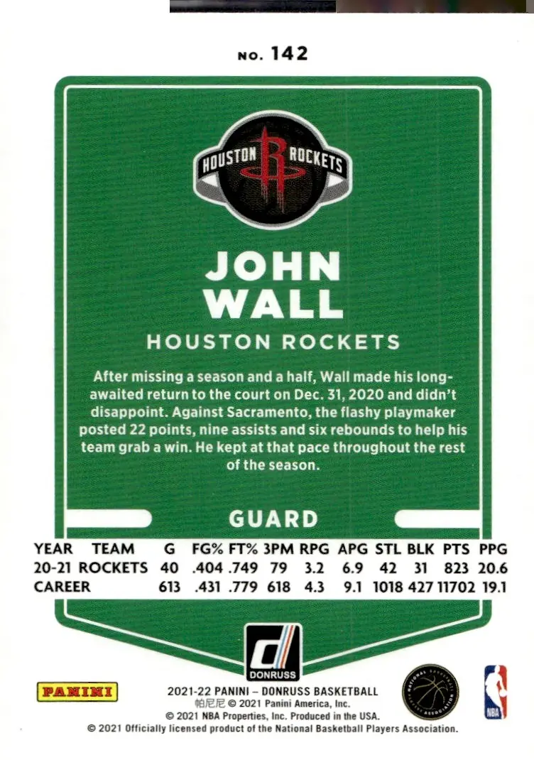 2021-22 Donruss Basketball #142 John Wall (back)