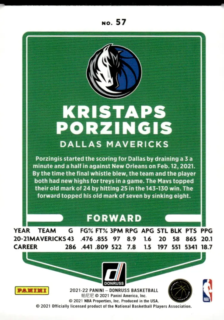 2021-22 Panini Donruss Basketball #57 Kristaps Porzingis (back)