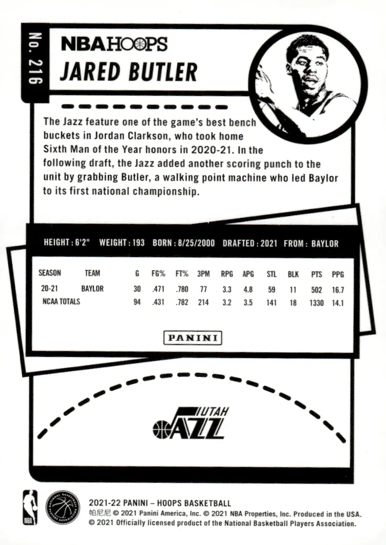 2021-22 NBA Hoops #216 Jared Butler (back)