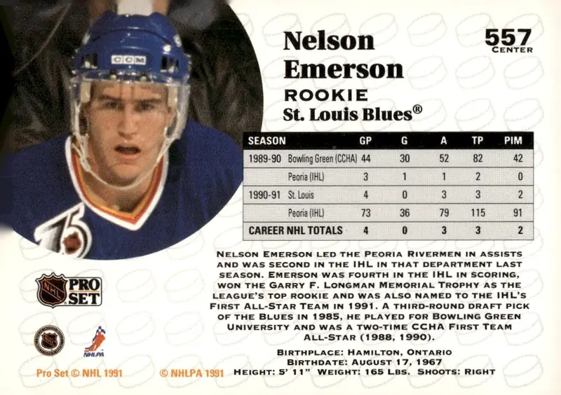 1991-92 Pro Set (Series 2) #557 Nelson Emerson (back)