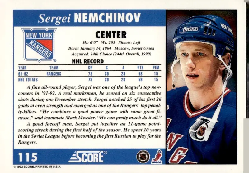 1992-93 Score (U.S.) #115 Sergei Nemchinov (back)