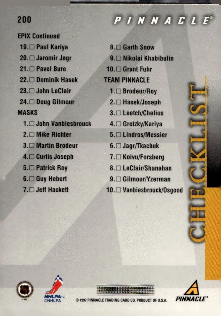 1997-98 Pinnacle #200 Checklist (back)