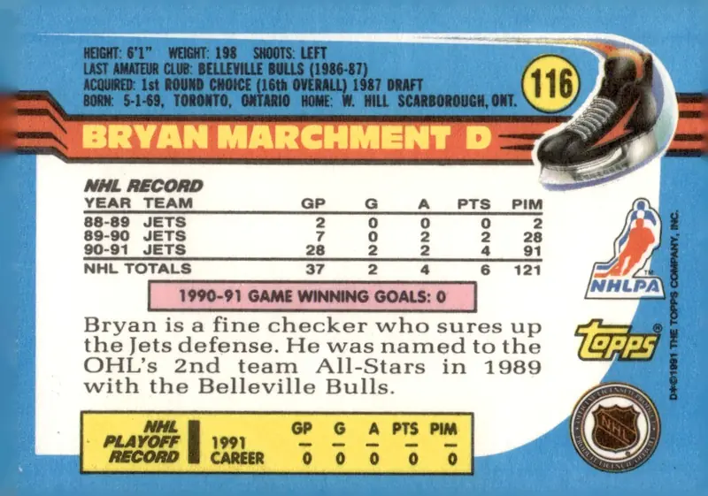 1991-92 Topps #116 Bryan Marchment (back)