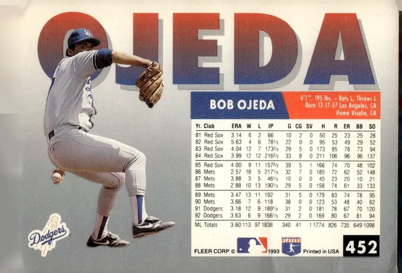 1993 Fleer #452 Bob Ojeda (back)