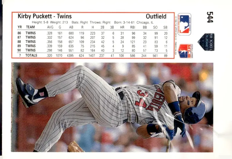 1991 Upper Deck #544 Kirby Puckett (back)