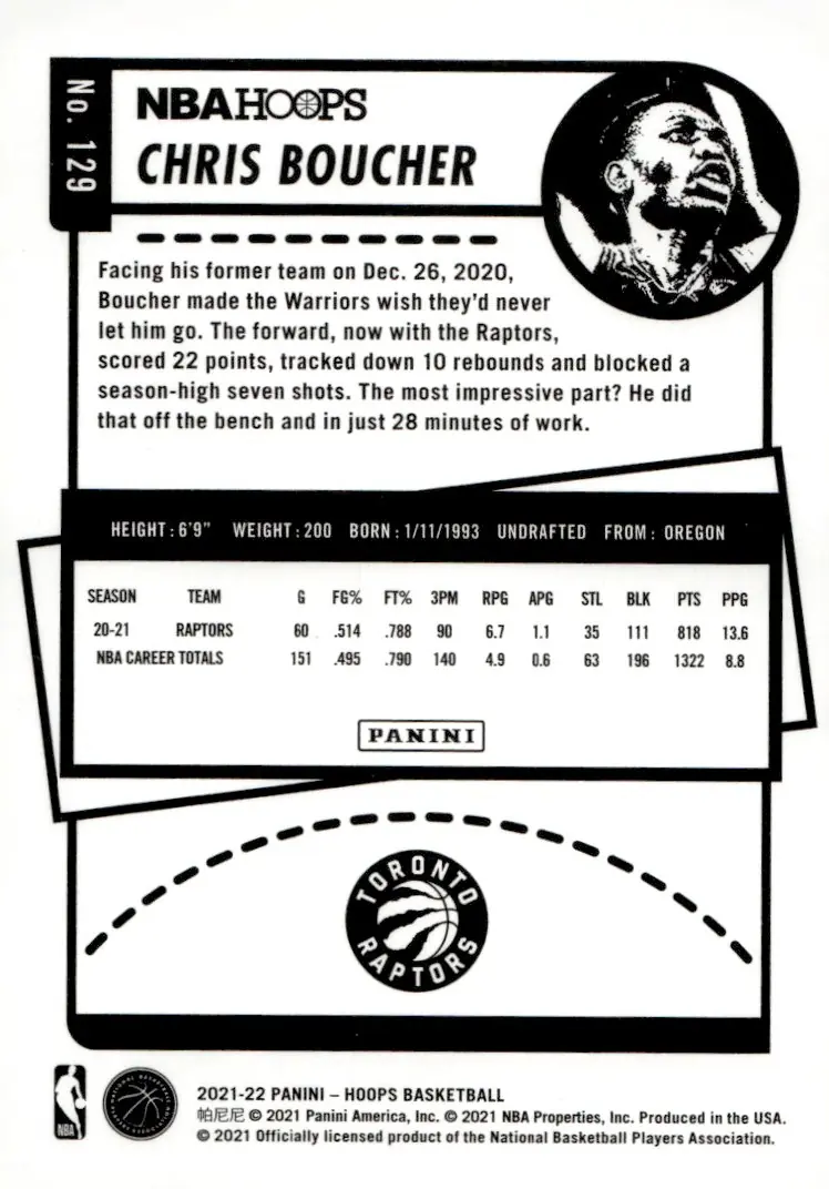 2021-22 NBA Hoops #129 Chris Boucher (back)