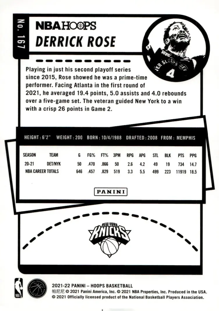 2021-22 NBA Hoops #167 Derrick Rose (back)
