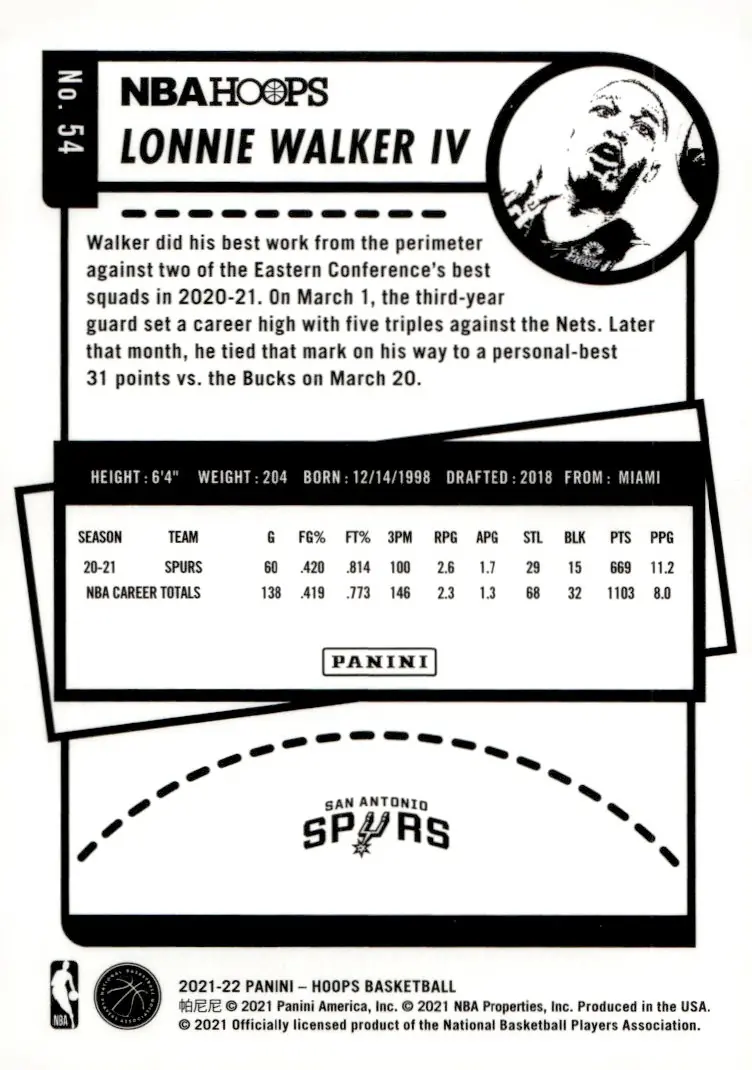 2021-22 NBA Hoops #54 Lonnie Walker IV (back)