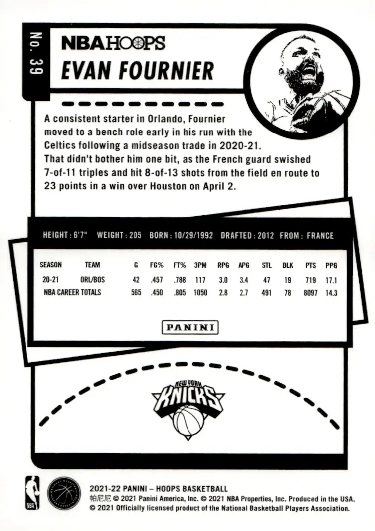 2021-22 NBA Hoops #39 Evan Fournier (back)