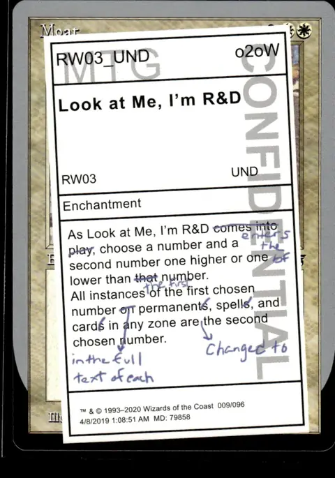 2021 Mystery Booster Playtest Cards 2021 (Mystery Booster: Convention Edition, 2021 printing) #RW03_UND (footer reads 009/096, i.e. Unsanctioned Look at Me, I'm R&D (card name) — enchantment, {2}{W} – Playtest-card treatment