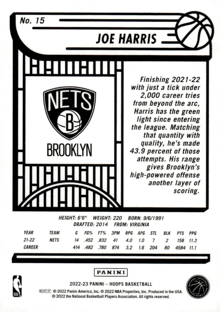 2022-23 NBA Hoops #15 Joe Harris (back)