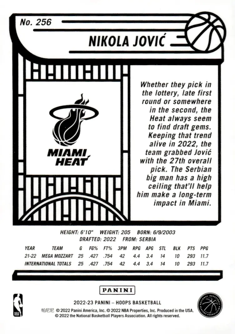 2022-23 NBA Hoops #256 Nikola Jović (back)