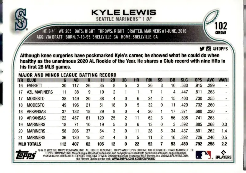 2022 Topps Chrome #102 Kyle Lewis – X-Fractor (back)