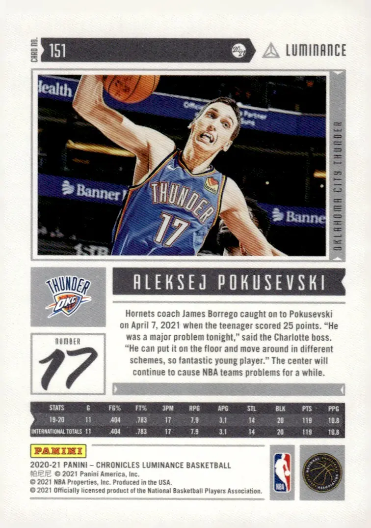 2020-21 Chronicles Basketball #151 Aleksej Pokusevski (back)
