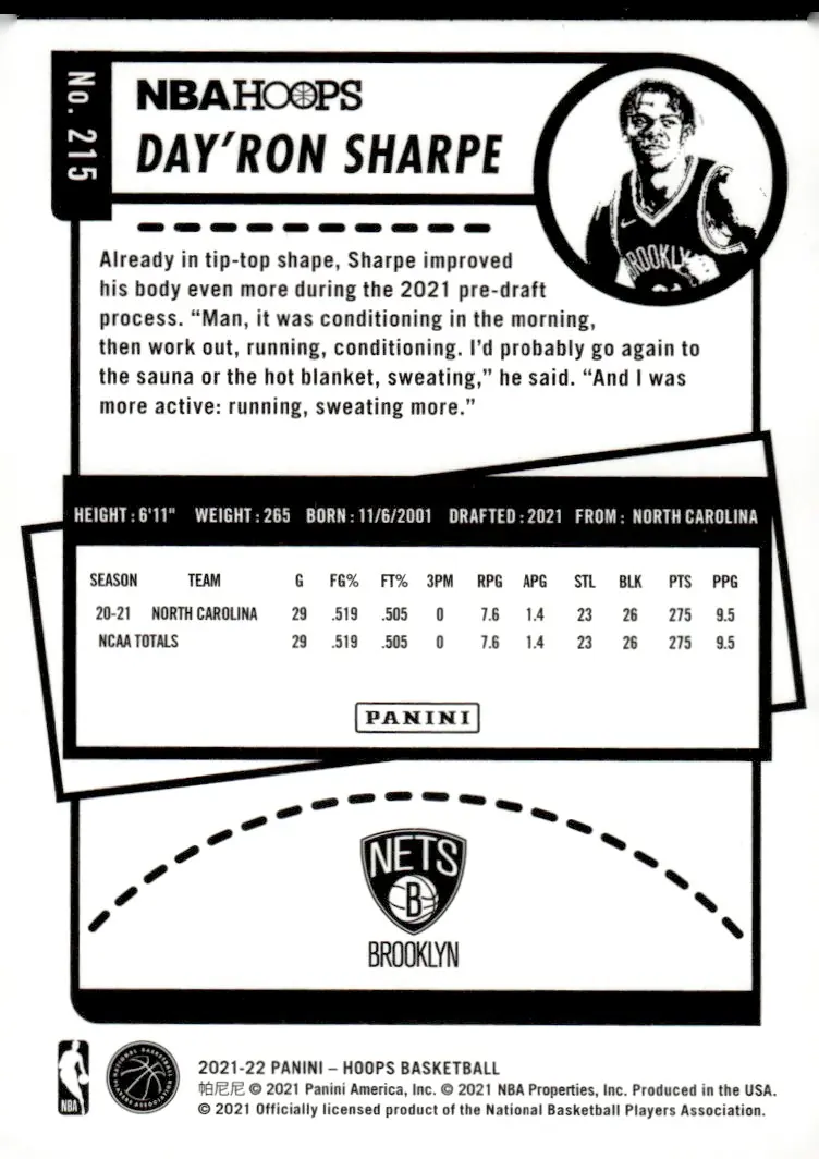 2021-22 NBA Hoops #215 Day'Ron Sharpe (back)