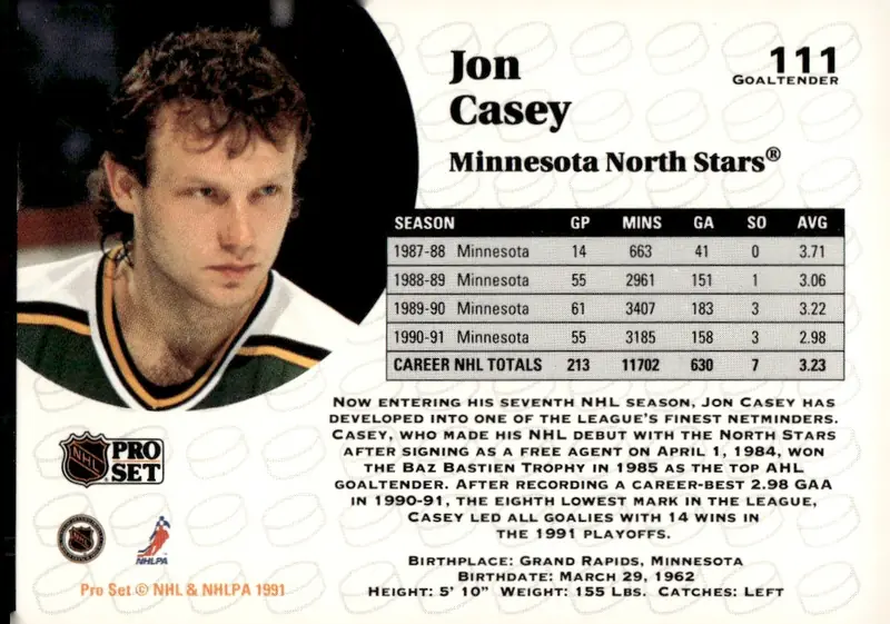 1991-92 Pro Set (Series 1) #111 Jon Casey (back)