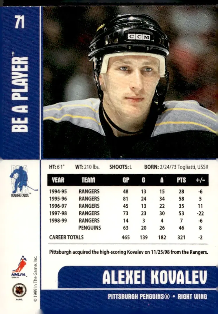1999-00 Be A Player Memorabilia #71 Alexei Kovalev (back)
