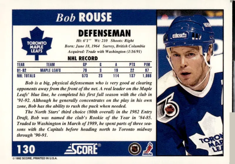 1992-93 Score (U.S.) #130 Bob Rouse (back)
