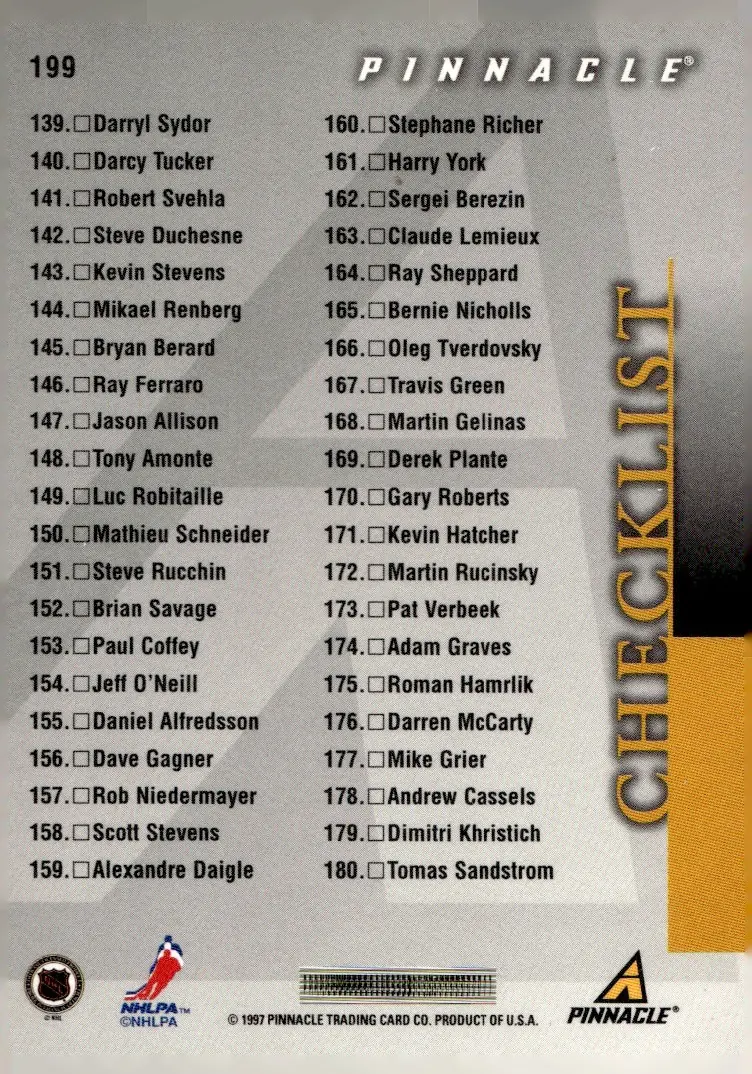 1997-98 Pinnacle #199 Checklist (back)