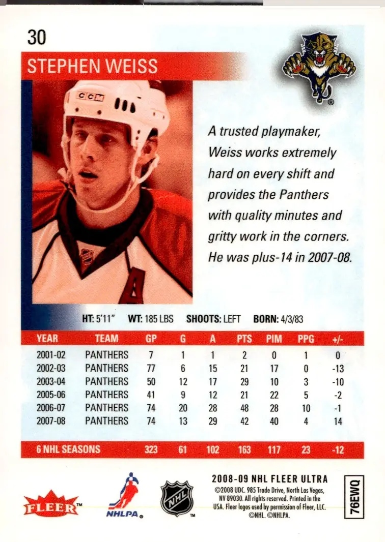 2008-09 Fleer Ultra #30 Stephen Weiss (back)