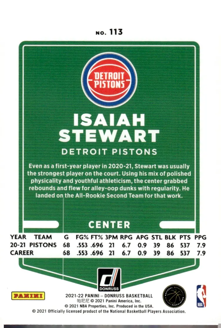 2021-22 Donruss Basketball #113 Isaiah Stewart (back)