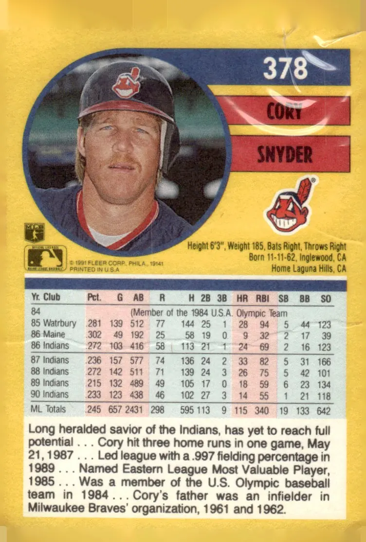 1991 Fleer #378 Cory Snyder (back)