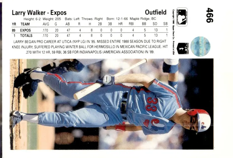 1990 Upper Deck #466 Larry Walker (back)
