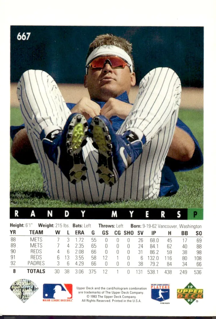 1993 Upper Deck #667 Randy Myers (back)
