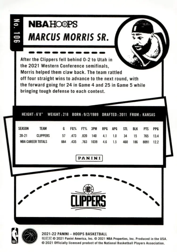 2021-22 NBA Hoops #106 Marcus Morris Sr. (back)