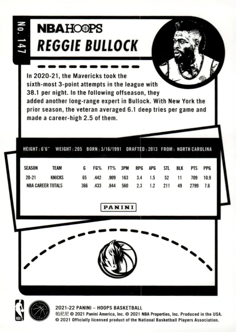 2021-22 NBA Hoops #147 Reggie Bullock (back)