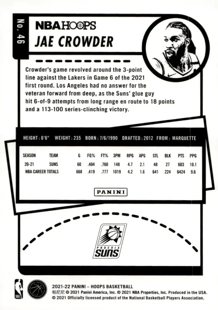 2021-22 NBA Hoops #46 Jae Crowder (back)