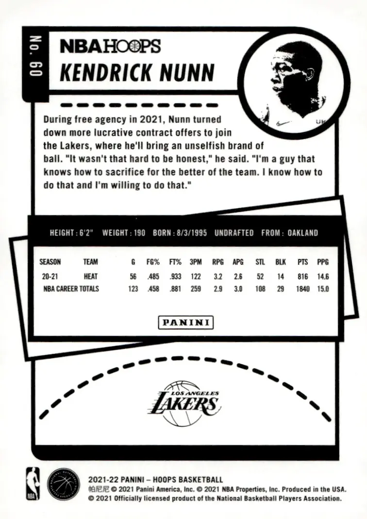 2021-22 NBA Hoops #60 Kendrick Nunn (back)