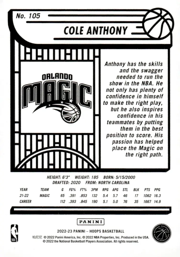 2022-23 NBA Hoops #105 Cole Anthony (back)