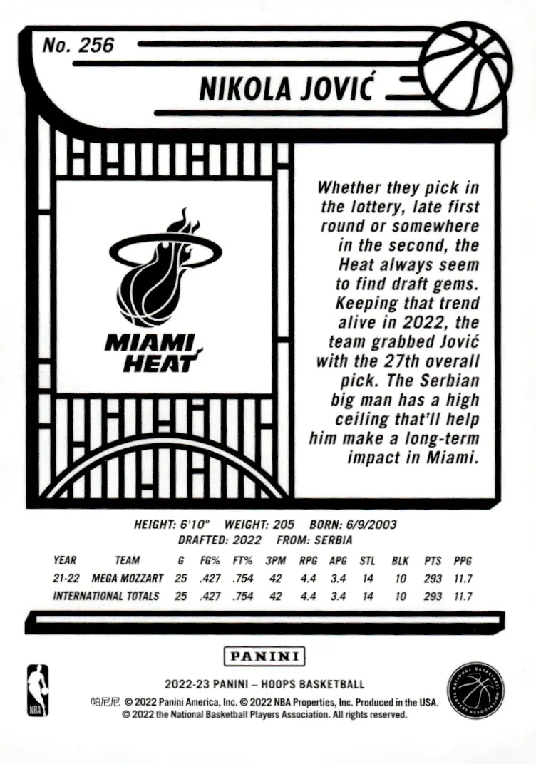 2022-23 NBA Hoops #256 Nikola Jović (back)