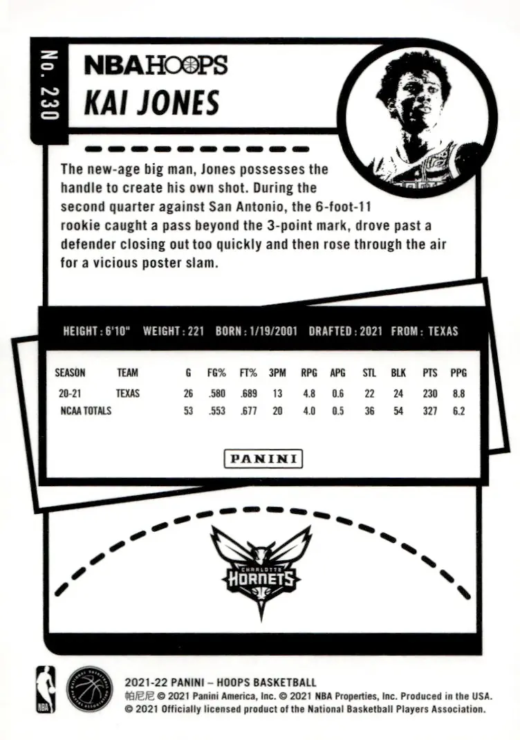 2021-22 NBA Hoops #230 Kai Jones (back)