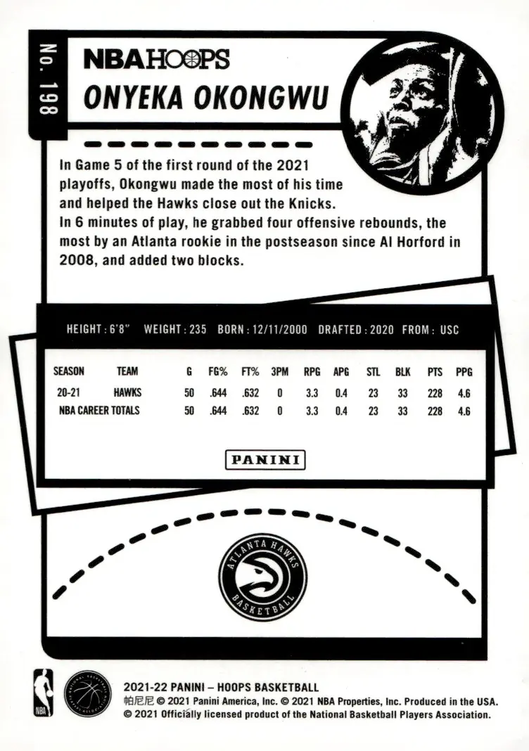 2021-22 NBA Hoops #198 Onyeka Okongwu – Purple (back)