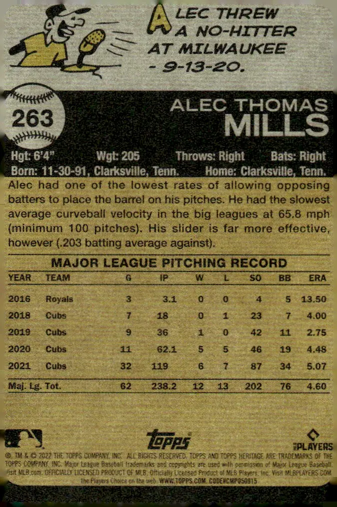 2022 Topps Heritage #263 Alec Mills (back)