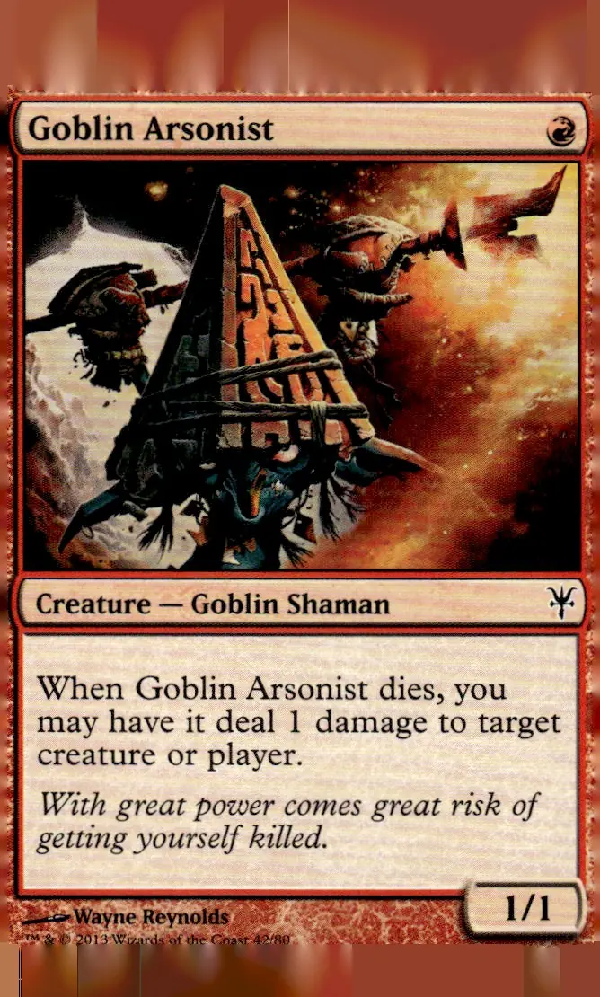2013 Duel Decks: Sorin vs. Tibalt (DDK) #42/80 Goblin Arsonist (Creature — Goblin Shaman, 1/1); art by Wayne Reynolds (front)