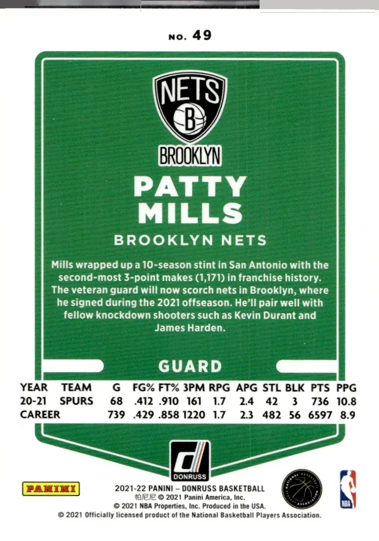 2021-22 Donruss #49 Patty Mills (back)
