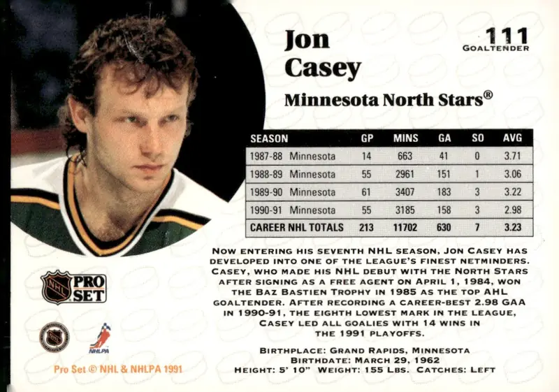 1991-92 Pro Set #111 Jon Casey (back)