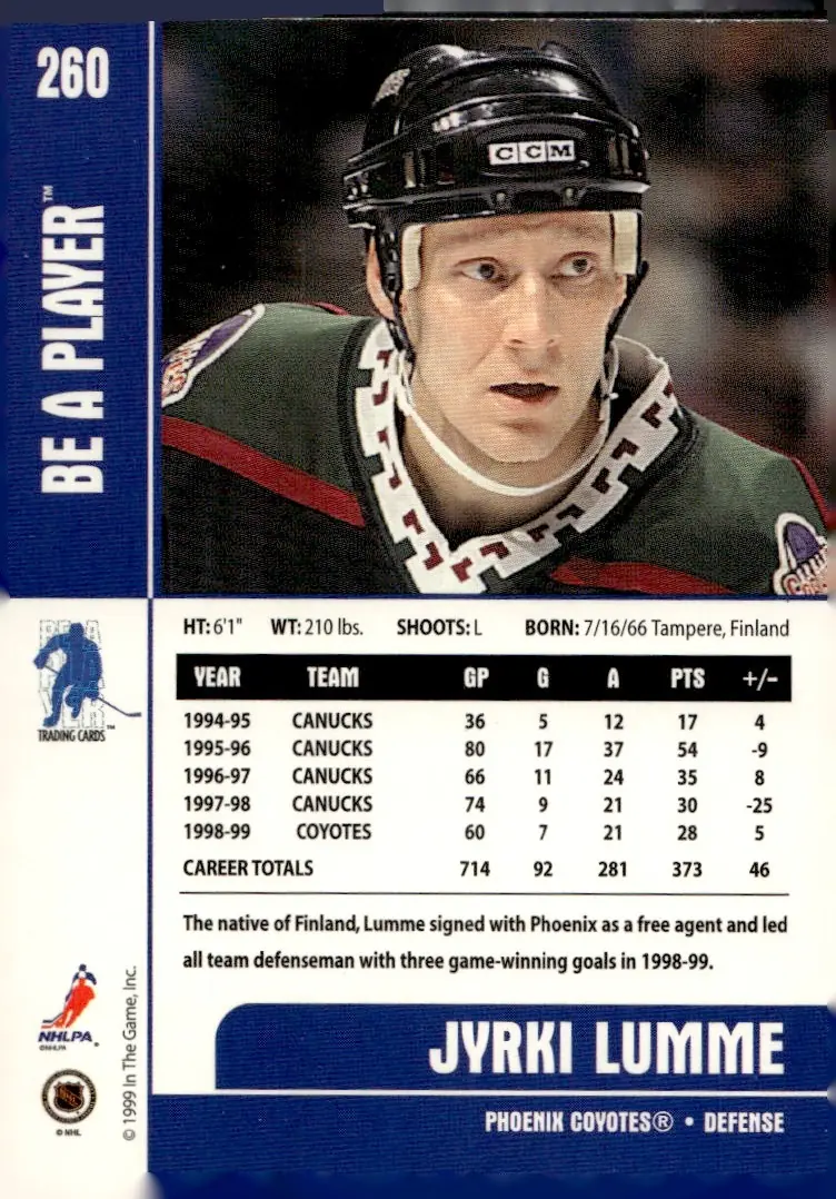 1999-00 Be A Player Memorabilia #260 Jyrki Lumme (back)